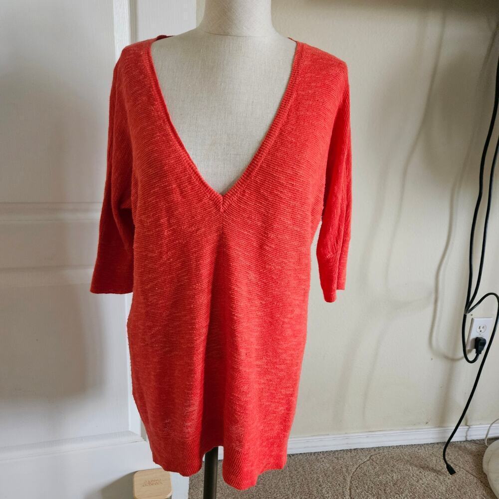Eileen Fisher Slub Knit Linen Blend Red Poppy Tunic Length Top XS